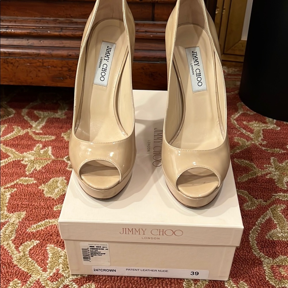 Jimmy Choo crown 247 Tan Stiletto Heels Peep-Toe Elegance